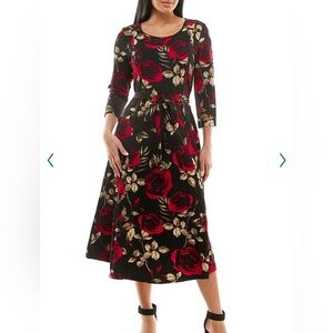 Nina Leonard Rose Print Belted Midi Dress